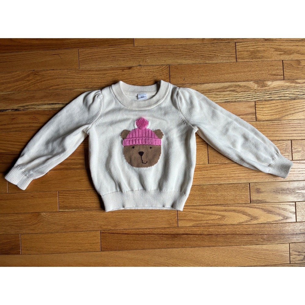 Baby GAP Ivory Bear Graphic Knit Sweater Pink Pom Pom Beanie Toddler 3 Years